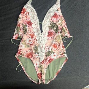 Floral Lace Trim One-Piece Swimsuit